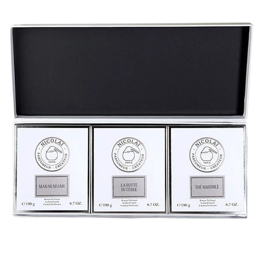 Photo de Coffret bougies 3x190g Maharadjah, La route du cèdre & Thé Narghilé